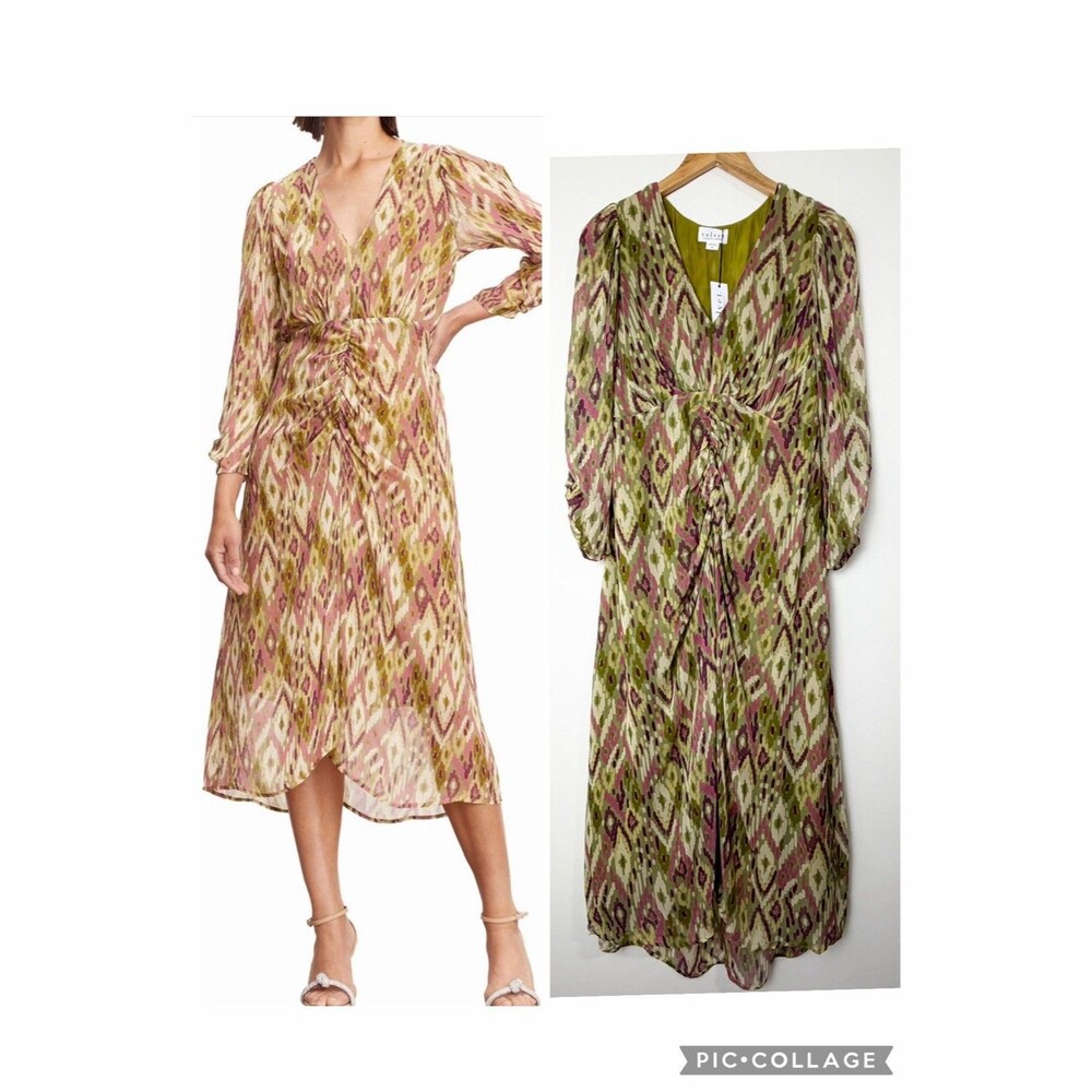 Velvet By Graham & Spencer Cailey Dress Green Pink Midi NWT Women’s M